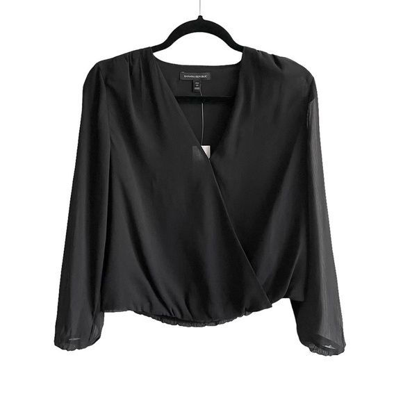 BANANA REPUBLIC Faux Wrap Cropped Long Sleeve Blouse Black XS - Picture 1 of 3